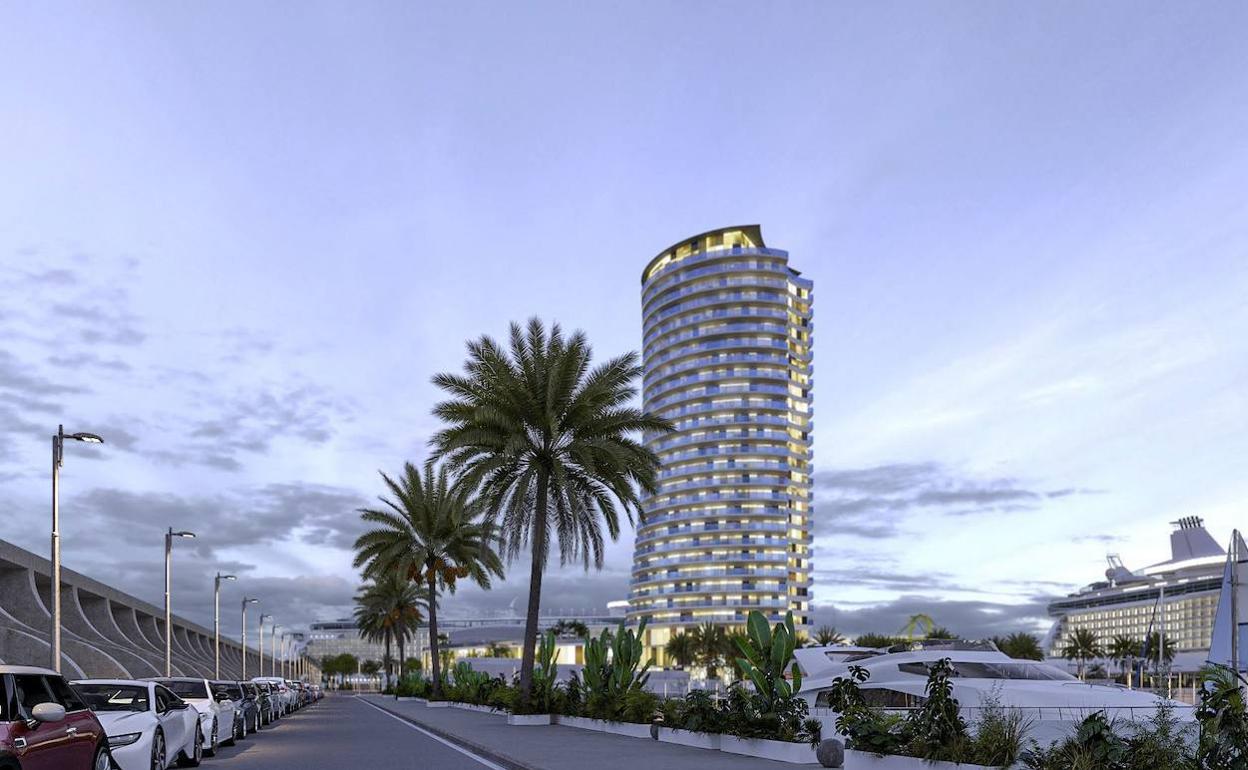 Recreación del proyecto hotelero previsto en el dique de Levante, con diseño de José Seguí. 