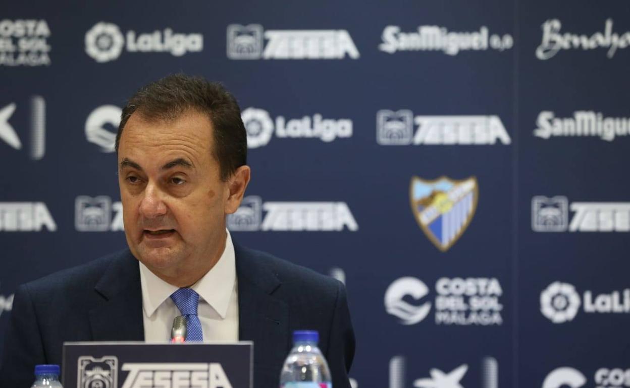 José María Muñoz, en la sala de prensa de La Rosaleda. 