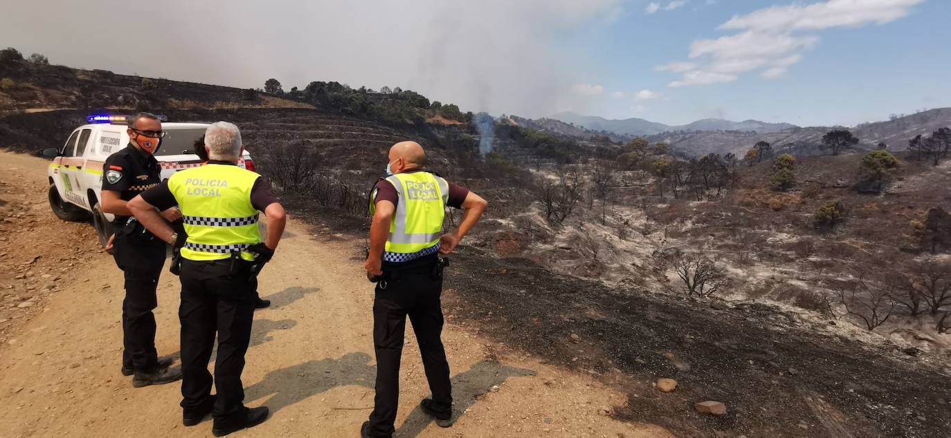 Más de 250 profesionales de Málaga, Granada, Cádiz, Córdoba, Jaén y Sevilla trabajan desde anoche en la zona de Sierra Bermeja donde se ha tenido que cortar al tráfico un tramo de la AP-7 y otras dos carreteras ante el avance de las llamas