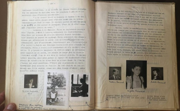 Imagen principal - Arriba, página de las memorias con fotografías familiares. Abajo, la mención a Albert Einstein, primo en noveno grado de su mujer. Al lado, el símbolo judío que aparece en la primera página del documento