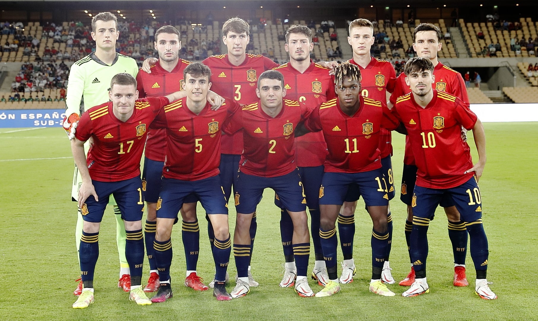 Once inicial de la selección española sub-21 en el partido contra Eslovaquia: Agirrezabala (P), Víctor G., Miranda, Hugo G, A. Francés, Vencedor, Turri, Abel Ruiz (c), Rodri, Williams Jr. y Sergio Gómez.