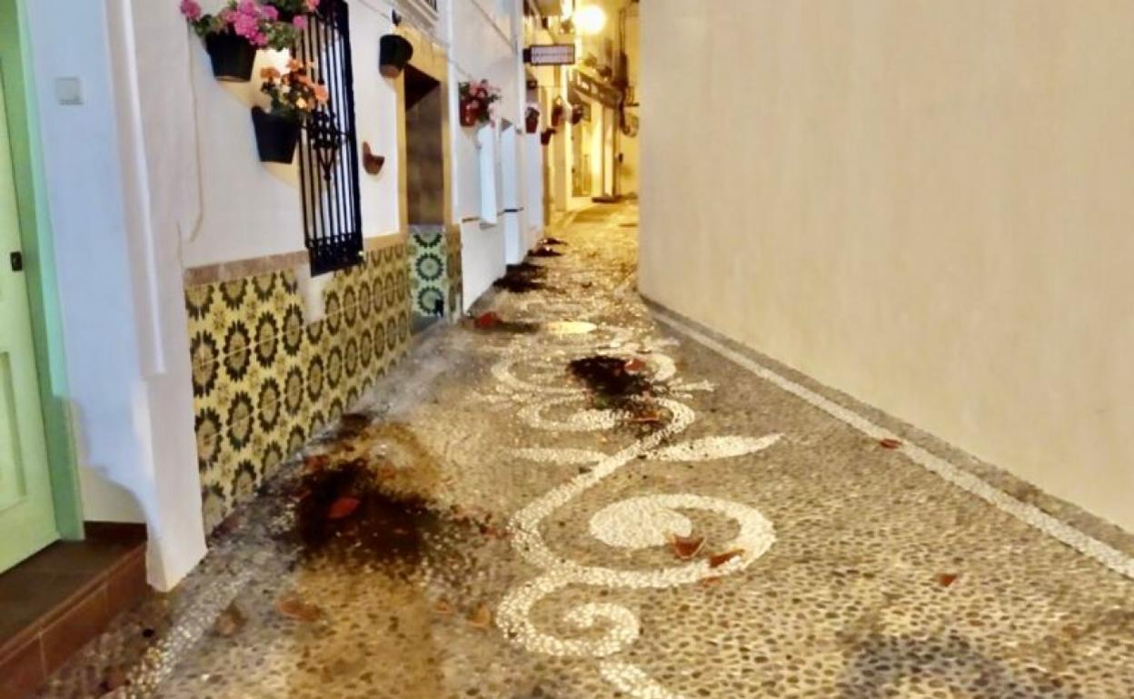 Maceteros rotos en la calle Iglesia de Nerja durante la noche de Halloween. 