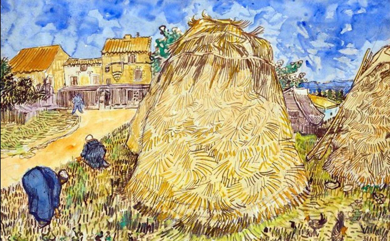 La acuarela de récord de Van Gogh subastada en Nueva York y que representa un almiar de trigo. 