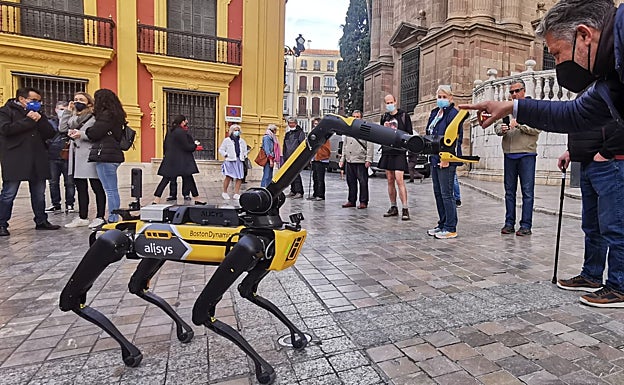 El robot en forma de perro se acerca a un viandante, en la plaza del Obispo. 