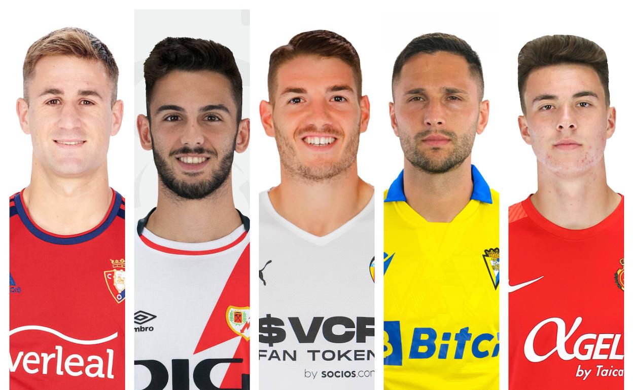 De izquierda a derecha, Barbero (Osasuna), Andrés Martín (Rayo Vallecano), Manu Vallejo (Valencia), Andone (Cádiz) y Hoppe (Mallorca). 