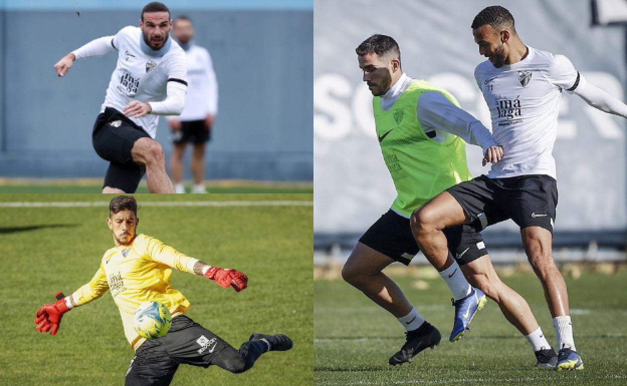 Los jugadores del Málaga, Lombán (arriba izquierda), Barrioz (abajo izquierda), Jairo e Hicham (derecha). 