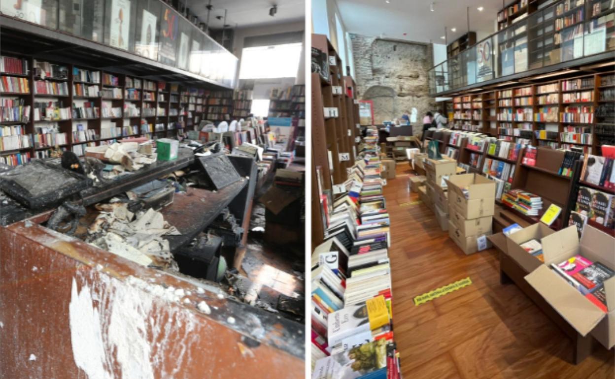 La librería Proteo tras el incendio y, este martes, reponiendo los libros tras la rehabilitación de su sede. 