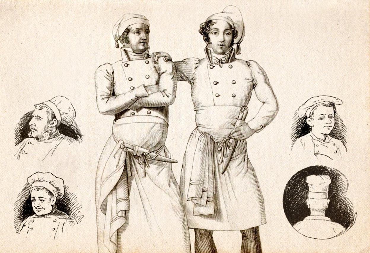 Cocineros, según dibujo de Marie-Antoine Careme (1822), y distintos tipos de gorros en 1894. 