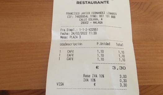 Factura del café en Los Palacios.