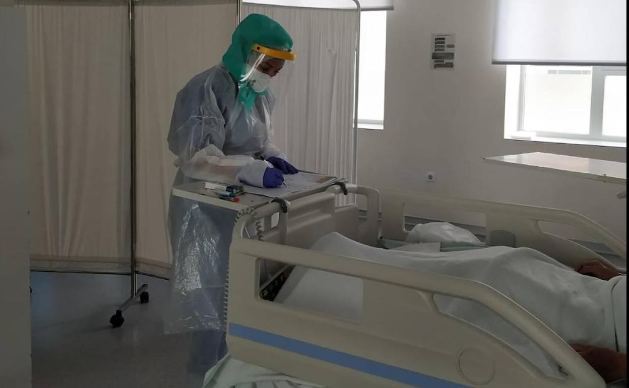 Una sanitaria, con un paciente, en un hospital de Málaga. 