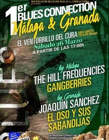 Imagen secundaria 2 - The Hill Fraquencies y el guitarrista y cantante Joaquín Sánchez, junto al cartel del festival malagueño.