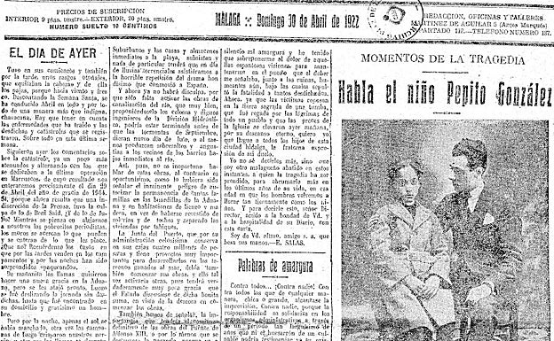 Detalle de la edición del domingo 30 de abril de 'La Unión Mercantil', con el testimonio del niño que sobrevivió al impacto de la caída