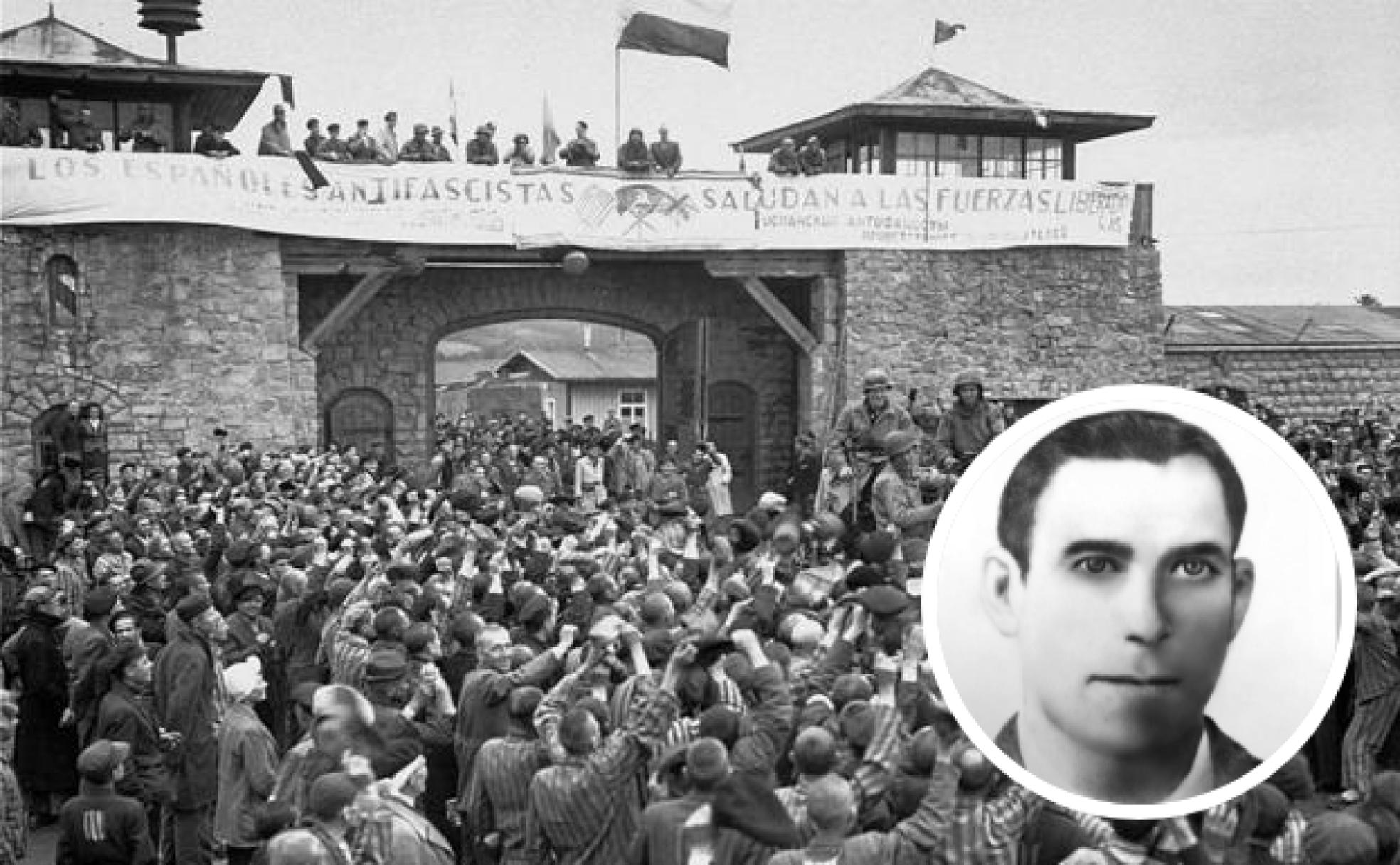 Liberación del campo de Mauthausen el 5 de mayo de 1945. En la foto redonda, Pedro Sánchez Muñoz, en un retrato familiar.