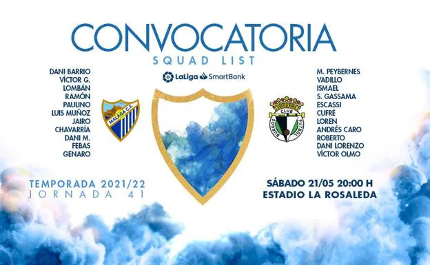 Convocatoria completa del Málaga para el partido contra el Burgos. 