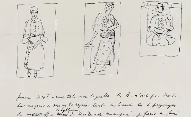 Imagen principal - Bocetos y carta de Matisee a su esposa (arriba). Carta de Pisarro a Gauguin y postar intervenida por Lucien Freud 