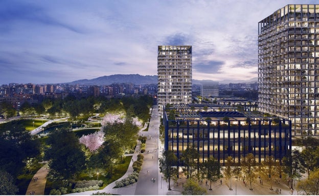 Detalle de uno de los edificios para oficinas y comercial. 