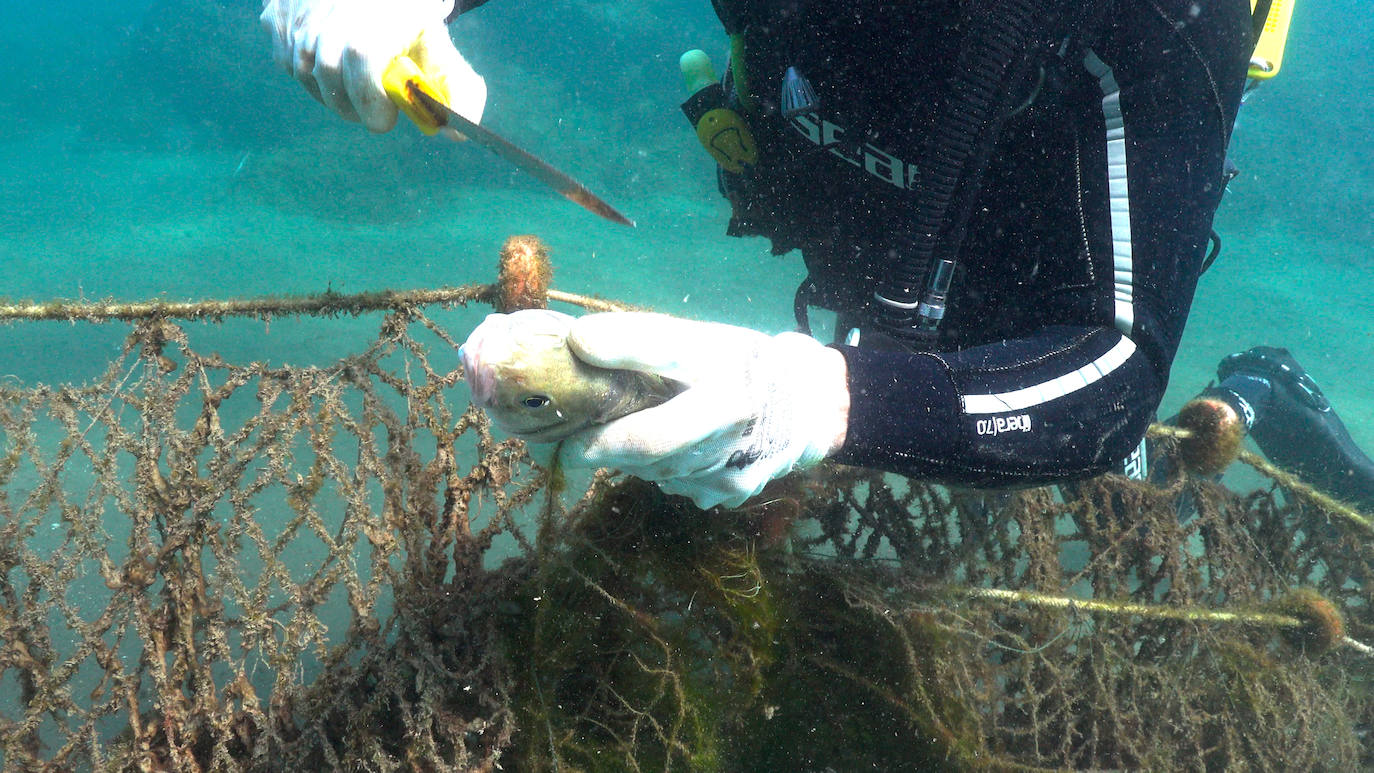 Fotos: Buceadores retiran una red abandonada frente a los Baños del Carmen