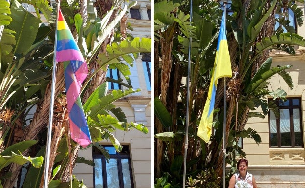 La bandera LGTBI, el lunes, en el Ayuntamiento. Ayer por la mañana, había desaparecido, como se aprecia en la foto con la portavoz de UP, Paqui Macías. Por la tarde, la repusieron.