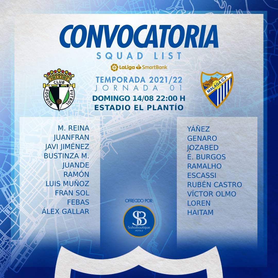 La lista de convocados del Málaga para la primera jornada liguera. 