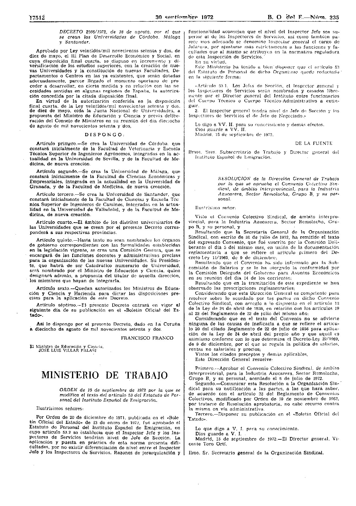 BOE en el que se publica el decreto de creación de la UMA, firmado por Franco.