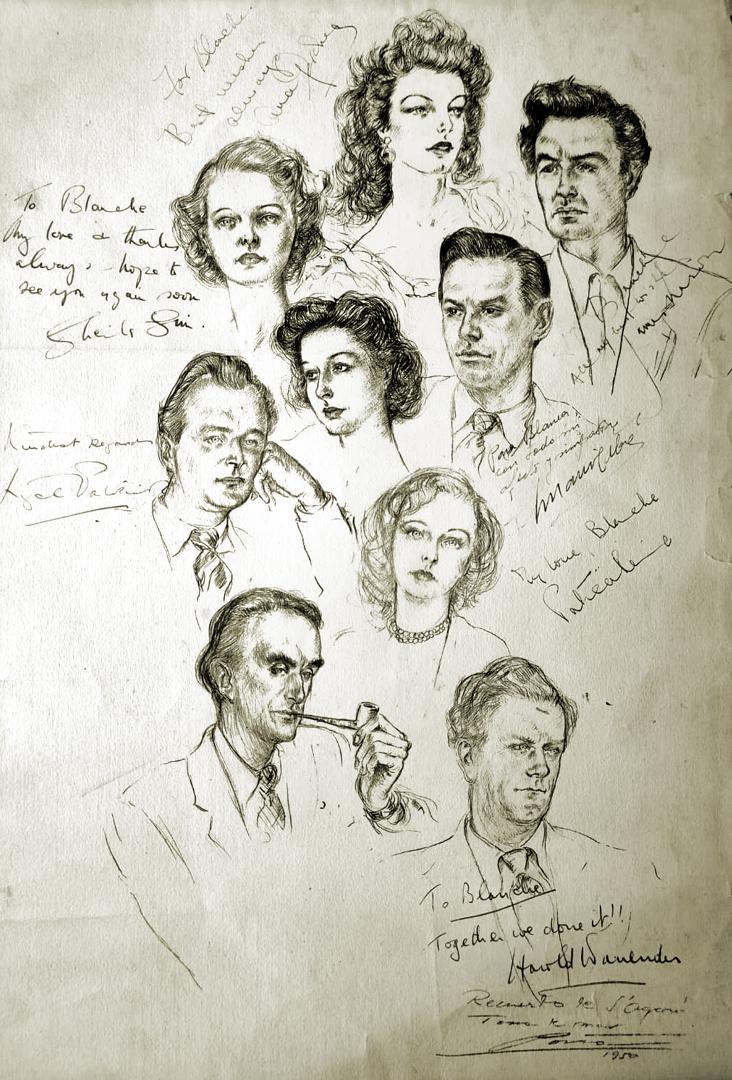 El dibujo original cuenta con retratos a lápiz y dedicatorias de los actores, comenzando por Ava Gardner.