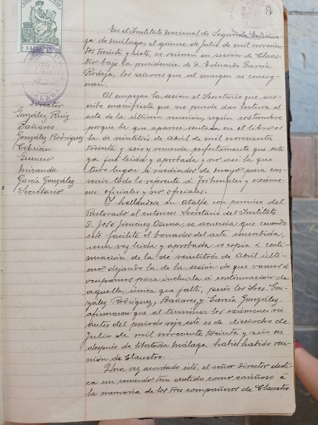 Acta del primer claustro del instituto tras el inicio de la contienda, el 15 de julio de 1937. 