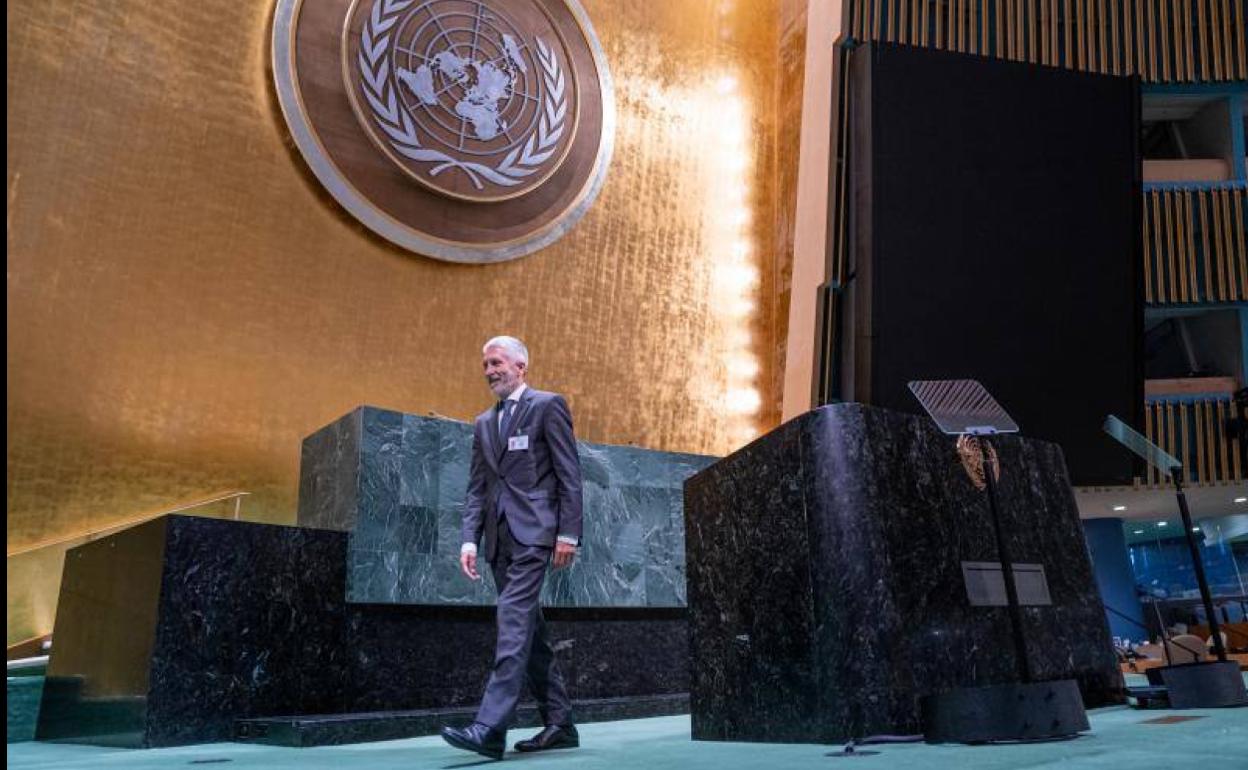 El ministro del Interior, Fernando Grande-Marlaska, tras pronunciar su discurso, este jueves en la sede la Naciones Unidas en nueva York.