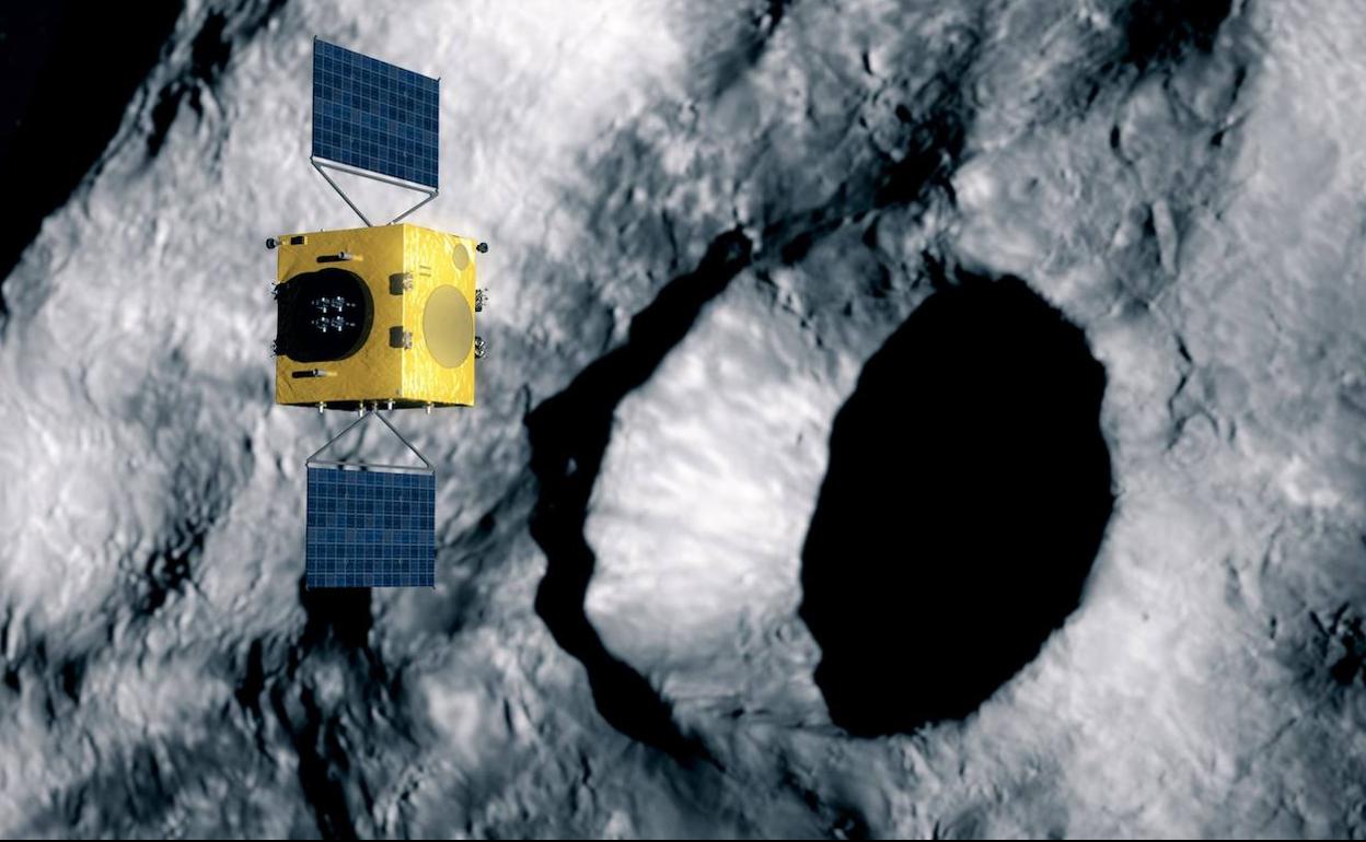 Recreación de la nave HERA junto al supuesto cráter producido en el asteroide Dimorfo.