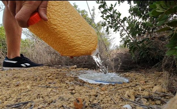 Los miembros de este colectivo llevan periódicamente agua a los bebederos..