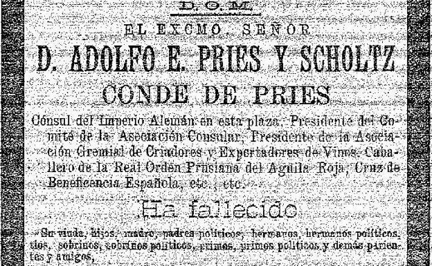 Detalle de la esquela por la muerte de Príes Scholtz, publicada en 'La Unión Mercantil' el 14 de julio de 1909