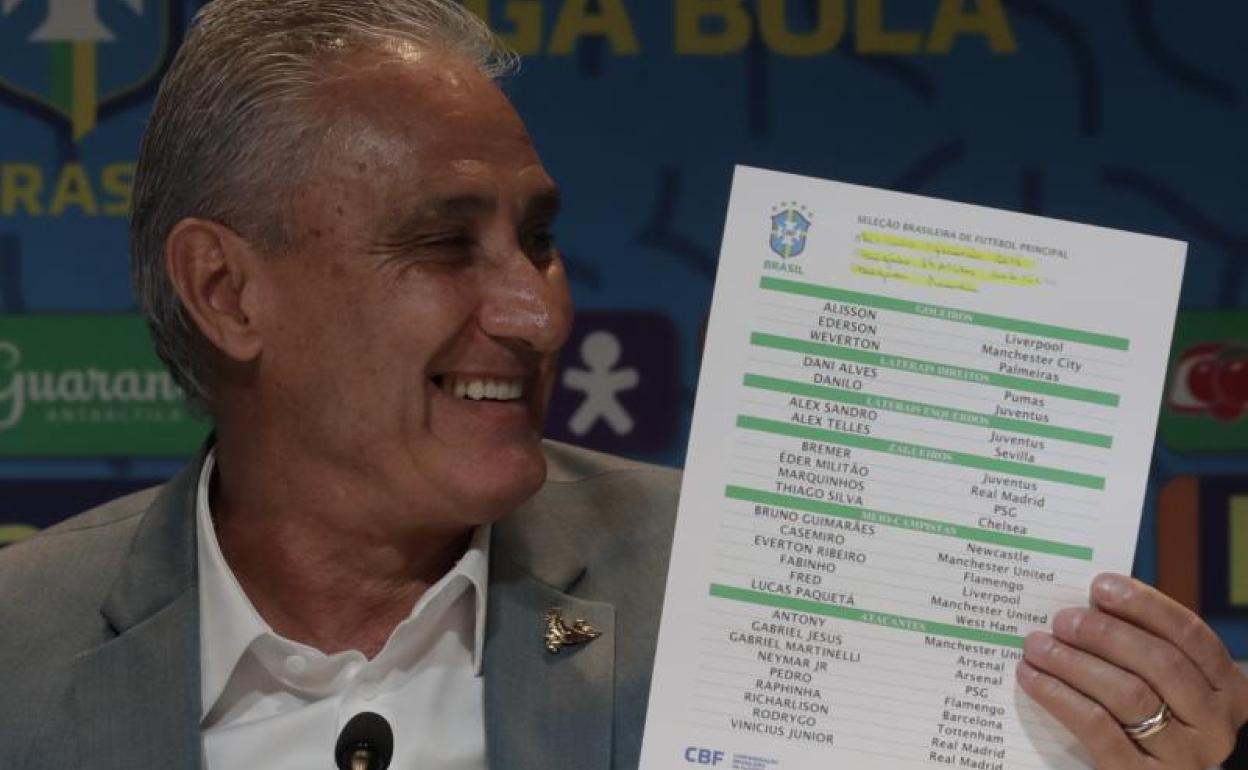 El seleccionador brasileño, Tite, muestra su lista de convocados para el Mundial.