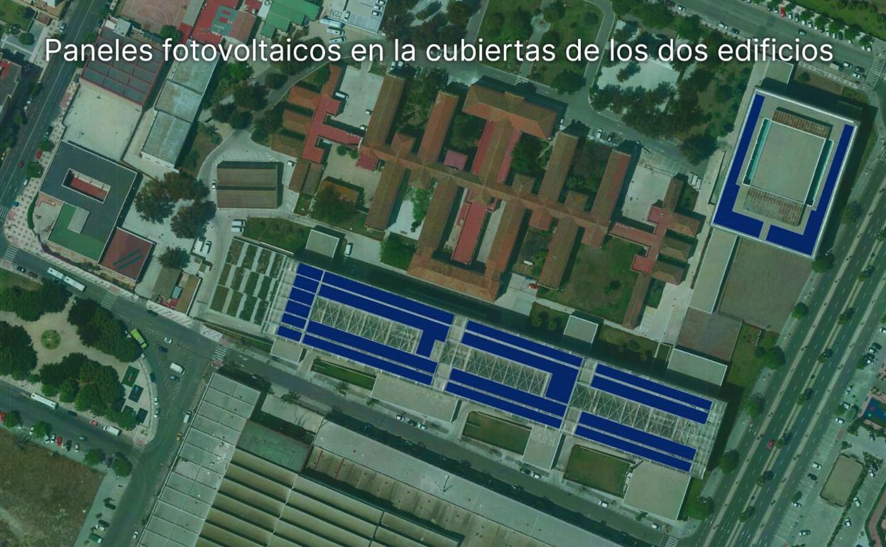 Recreación de cómo quedará la instalación de placas fotovoltaicas en la Diputación. 