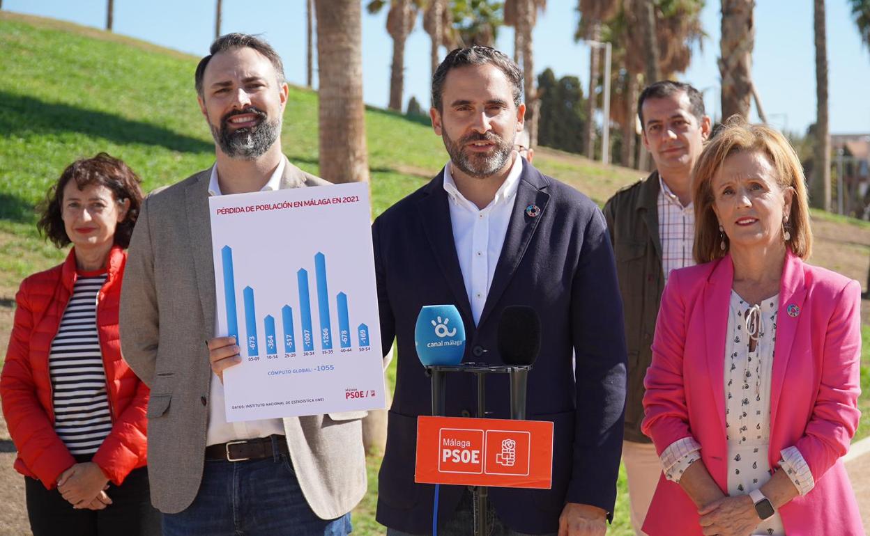 Dani Pérez, junto a sus concejales, muestra ayer la gráfica de los datos de población de Málaga para explicar que ha disminuido la población en ciertas franjas de edad.