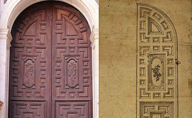 Puerta lateral de la fachada principal, y diseño de la misma firmado por Ventura Rodríguez. 