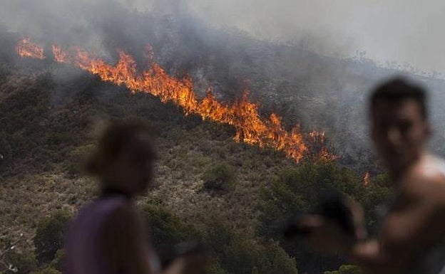 Imagen principal - Imágenes del incendio y de neumáticos en el entorno de la galería de tiro. 