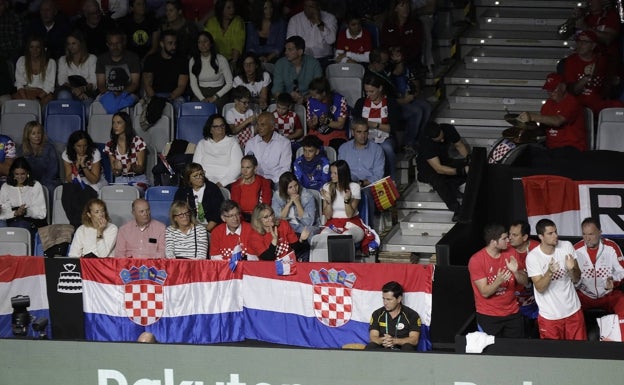 Una zona de aficionados croatas, a la derecha de la cual, tras el banquillo de jugadores, se situó una charanga sobre una pancarta de Rijeka. 