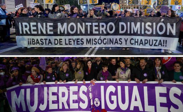 En primer lugar, la pancarta que pide la dimisión de la ministra de Igualdad, Irene Montero. Debajo, las ministras socialistas tras la pancarta de su partido en la misma marcha. 
