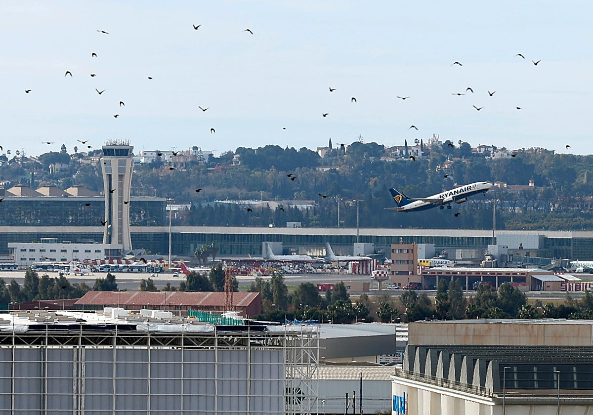 Vista de la torre de control del Aeropuerto de Málaga, con un avión despegando.
