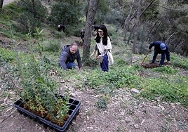 Uno de los técnicos, Rafael Vera, mientras explica a la gestora cultural Marta del Corral cómo realizar la plantación.