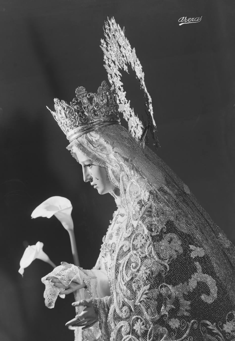 Existen en el fondo Bienvenido-Arenas varias fotografías de estudio de la Virgen de la Esperanza, y de otras tallas marianas y cristíferas de la Semana Santa malagueña. En el caso de las Vírgenes, el autor solía ejecutar composiciones de perfil ejecutadas con la presencia de alguna flor, en este caso un par de calas blancas.