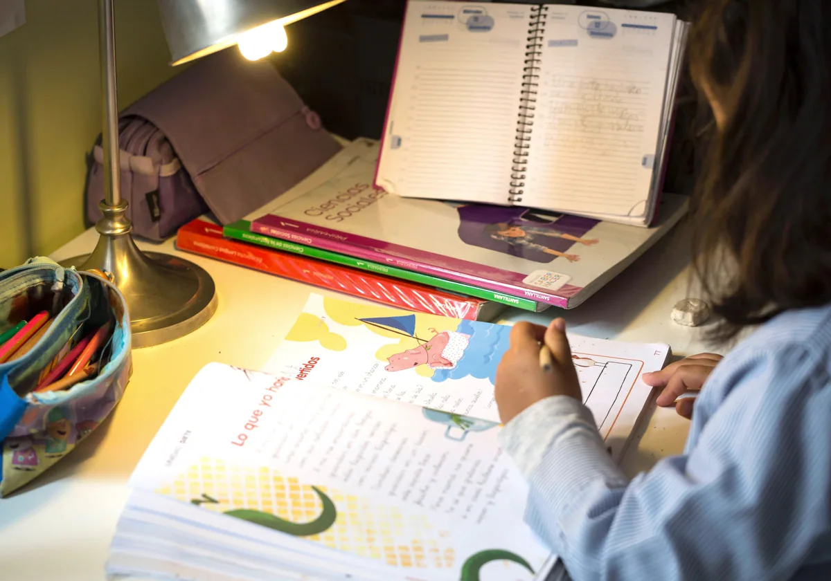 Una niña trabaja en su casa con los libros de texto, en una imagen de archivo.