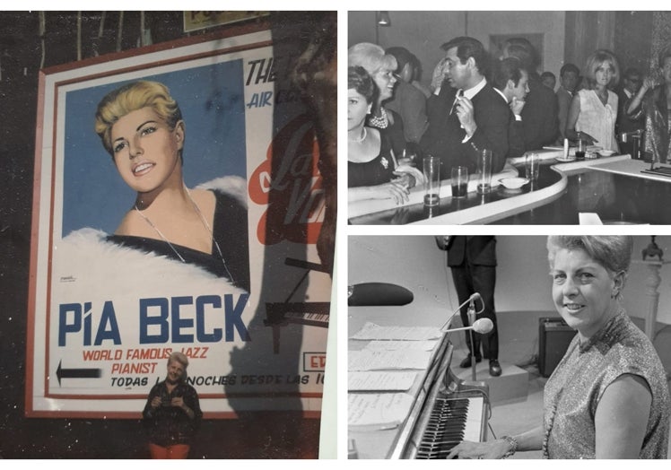 Pia, con un cartel suyo (izquierda); tocando el piano (abajo, derecha) y una imagen de The Blue Note en los 60'.