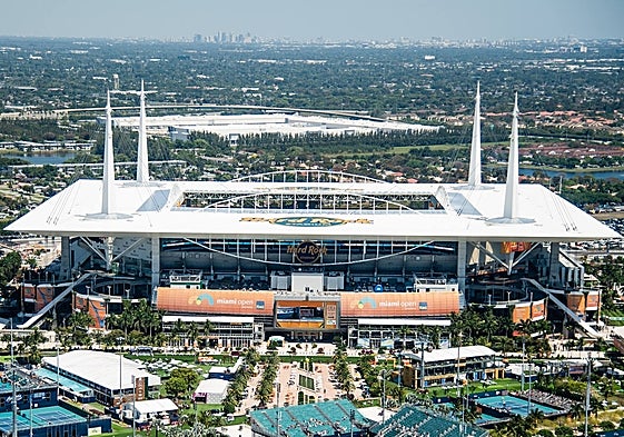 Panorámica de las instalaciones del Masters 1.000 de Miami, con la central,el Hard Rock Stadium, al fondo.