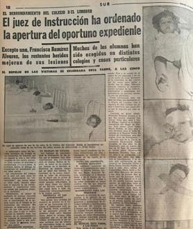 Imagen secundaria 2 - Arriba, Dolores señala la foto de la edición del 18 de octubre de 1968 que muestra el momento de su rescate, por la ventana. Abajo, la portada de aquel día y otra página de seguimiento del suceso, publicado en SUR.