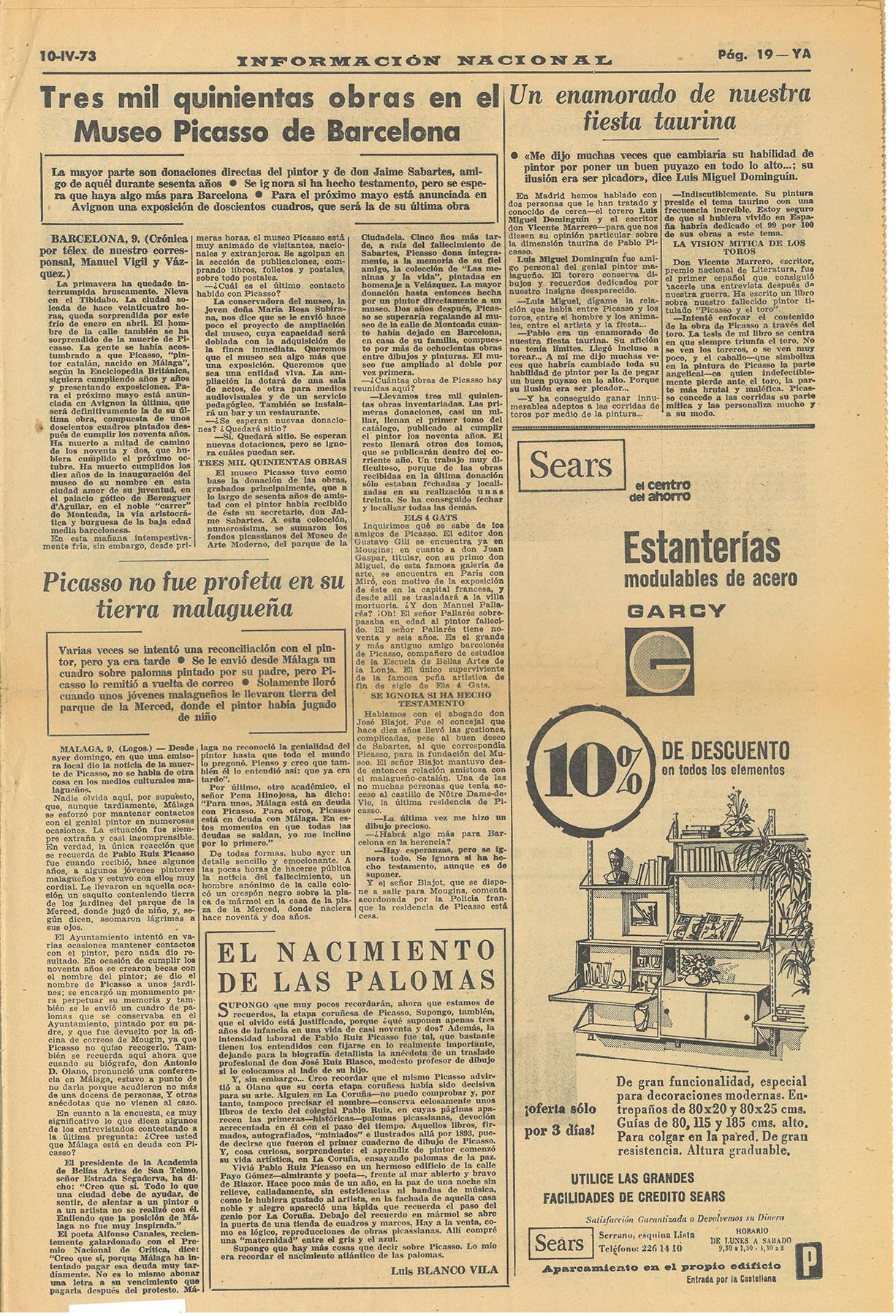 El diario 'Ya', editado en Madrid, publica el 10 de abril un duro titular: 'Picasso no fue profeta en su tierra malagueña'.