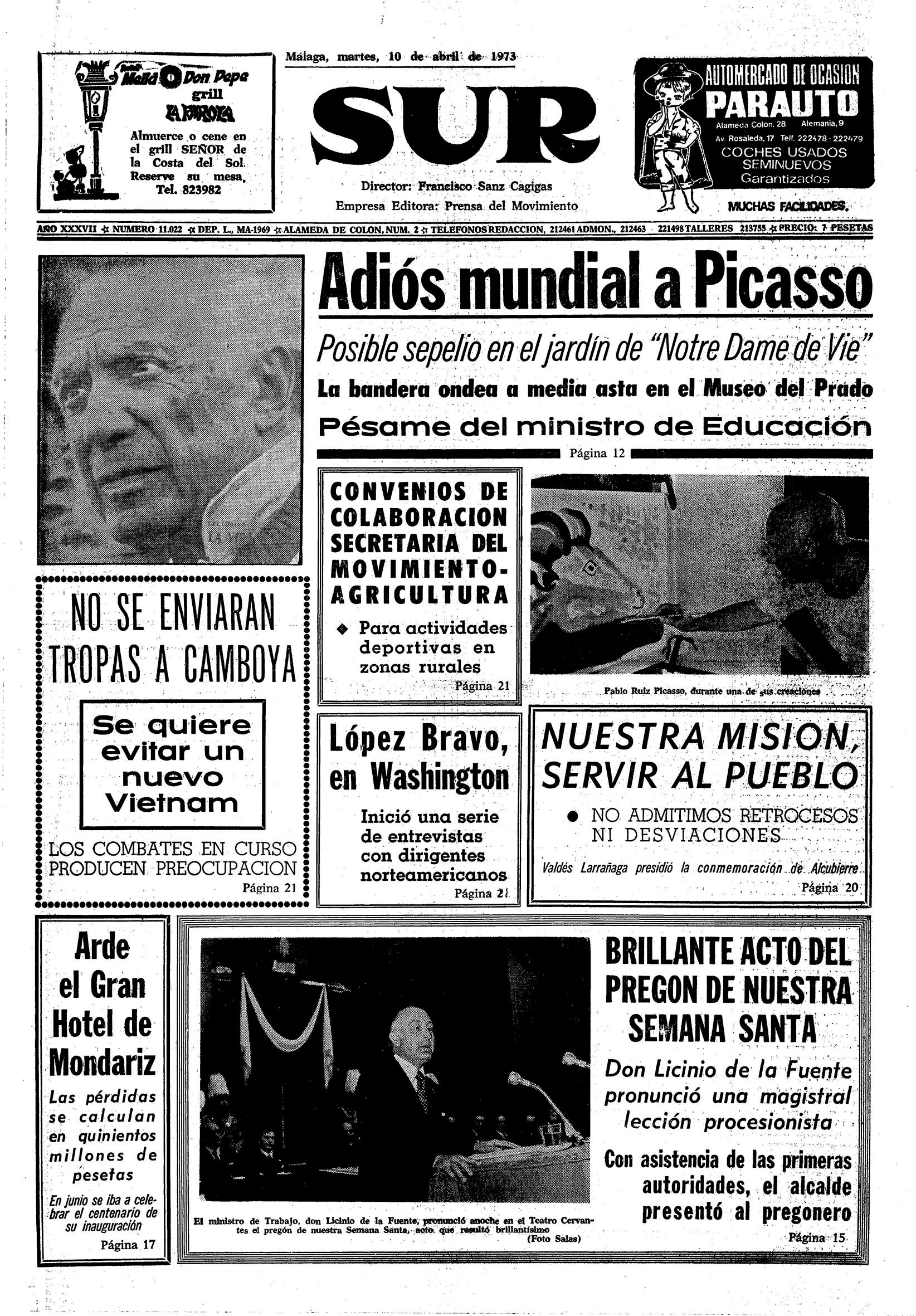 El «Adiós mundial a Picasso» encabeza la portada del martes 10 de abril de SUR. Los lunes, día después de la muerte, no había edición.