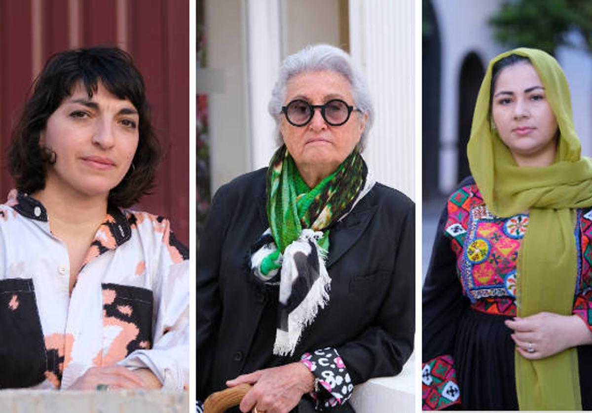 De izquierda a derecha, Bani Khoshnoudi, cineasta de origen iraní; Wassyla Tamzali, jurista y escritora argelina; y Khadija Amin, periodista afgana refugiada en España.