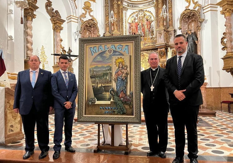 Pintor y pregonero, junto al presidente de la Agrupación y el obispo Jesús Catalá.