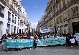 Padres protestan en la calle Larios para pedir más calidad en los comedores escolares.
