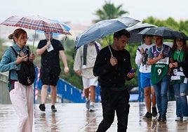 Jóvenes malagueños bajo la lluvia, la semana pasada.